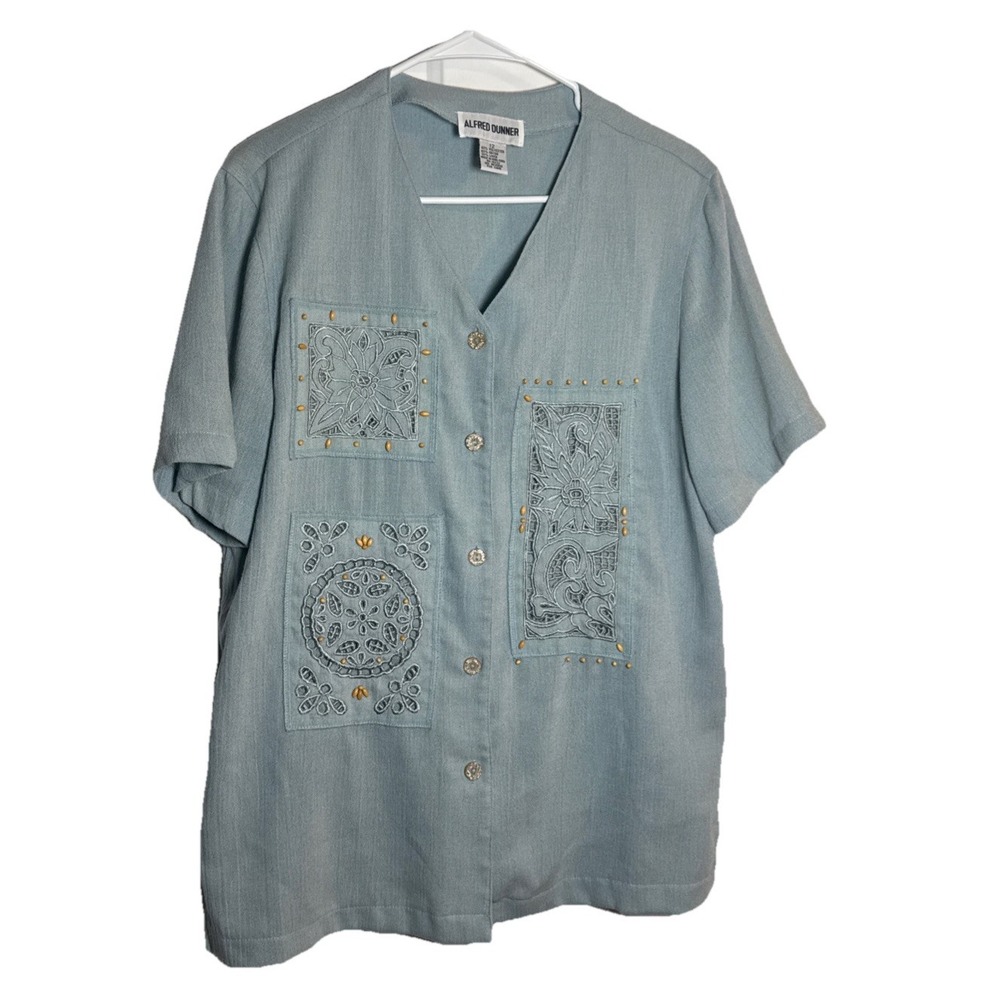 Alfred Dunner Embroidered Linen Blend Button Top Women's Size 12 Blue